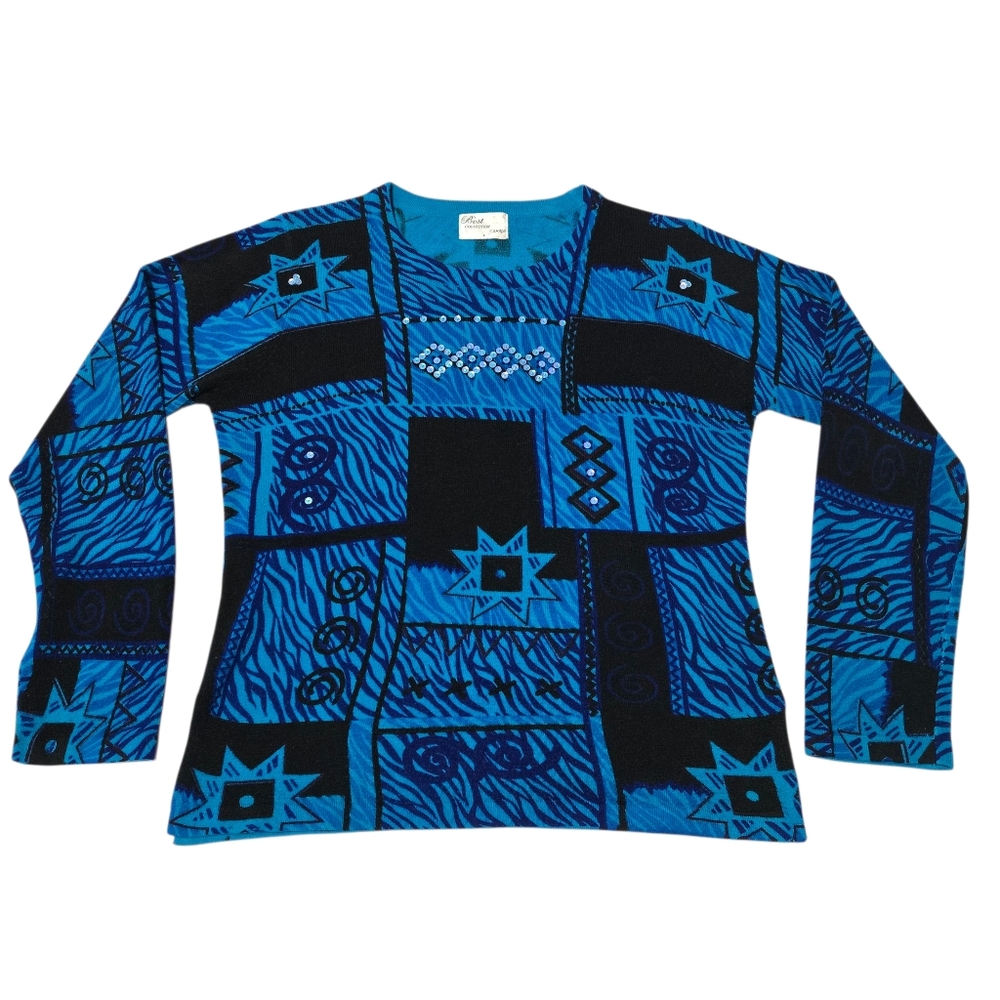 Best Collection Vintage Blue Knit Geometric Sweater Size L